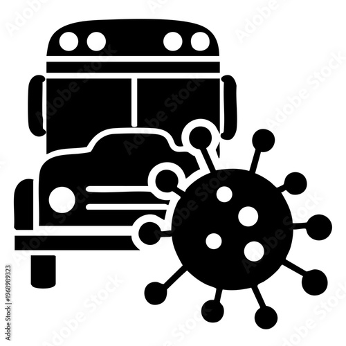 A black and white illustration of a school bus with a virus