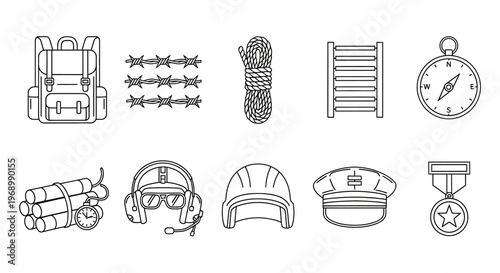 Collection of military and survival equipment icons, including a backpack, barbed wire, rope, ladder, compass, dynamite, headset, helmet, cap, and medal