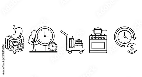 Digestive health and metabolism concepts including organs, time, and home appliances