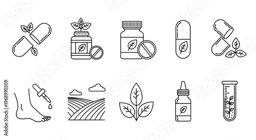 Comprehensive collection of line icons representing natural health, herbal medicine, organic supplements, and wellness concepts for modern living
