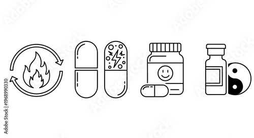 A comprehensive set of modern line icons illustrating essential health and wellness concepts, including metabolic energy, nutritional supplements, holistic balance, and vital well-being