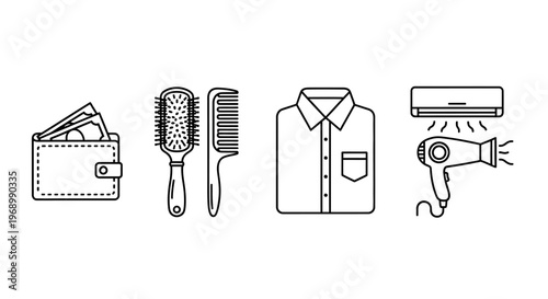 A Line Art Collection of Essential Personal Care and Accessory Items Including a Wallet, Hairbrush, Comb, Shirt, Hair Dryer, and Air Conditioner