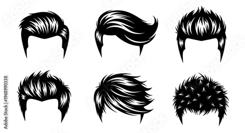 Dynamic vector illustrations showcasing a variety of fashionable men's hairstyles, from classic cuts to modern trends, ideal for barbershop branding and grooming industry visuals