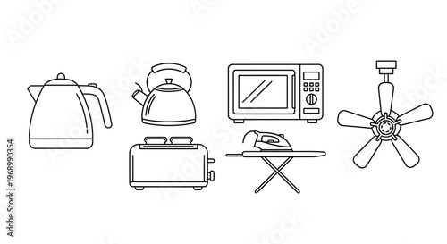 Modern collection of essential household electrical appliances presented as line art icons, featuring everyday kitchen devices and home comfort items for a contemporary domestic lifestyle
