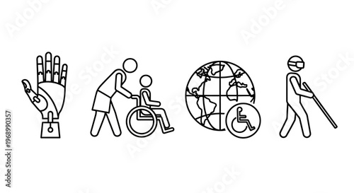 Conceptual icons for universal accessibility and inclusive support, featuring robotic hand, wheelchair assistance, global disability symbol, and blind person with cane