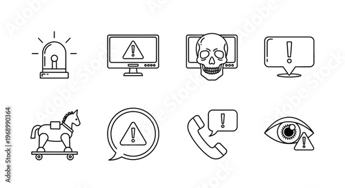 Collection of Cyber Security and Warning Icons Computer Alerts, Malware, and Surveillance Symbols