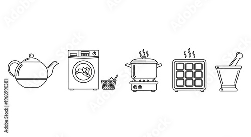 A versatile collection of minimalist line art icons depicting essential household appliances and kitchen tools, ideal for illustrating daily chores, cooking activities, and domestic life concepts