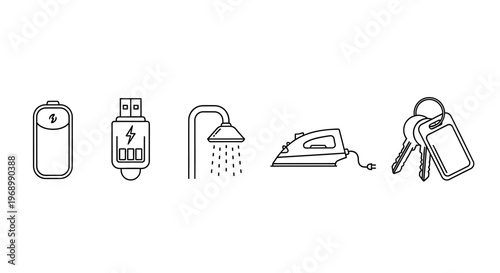 Set of icons representing a power bank, shower, iron, and keys, suggesting daily routines and essential items