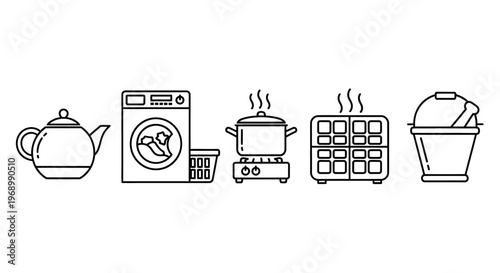Collection of various household appliances including a kettle, washing machine, cooking pot, waffle maker, and ice cream maker, depicted in a minimalist line art style