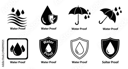 Waterproof icons collection, representing protection against water and moisture with clear and bold graphics