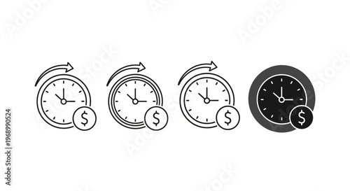 Set of Dynamic Time and Money Icons Representing Financial Management, Productivity, Cost Per Hour, and Economic Value in Business and Investment Concepts