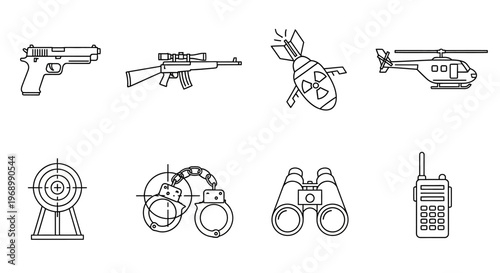 Collection of various law enforcement and military icons, including weapons, surveillance equipment, and communication devices
