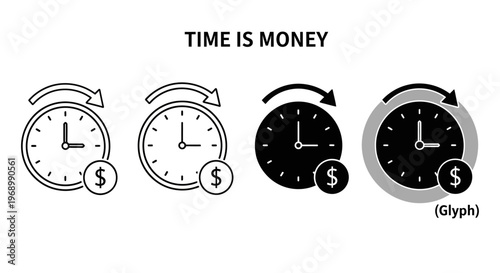 Time is money concept with clock and dollar sign icons representing financial management and investment growth