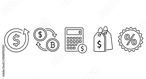 Set of five icons depicting financial transactions, cryptocurrency, calculation, discounts, and percentage for business and commerce