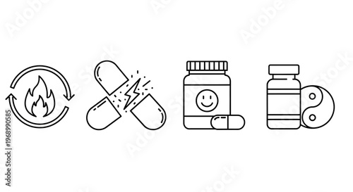 Medical and wellness icons including fire, broken pill, smiling pill bottle, and yin yang symbols for health and balance