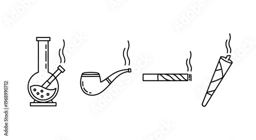Collection of smoking icons including a bong, pipe, cigarette, and joint, representing cannabis and tobacco use