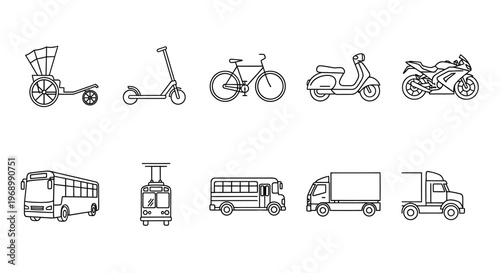Collection of various transportation vehicles in a line drawing style, showcasing different modes of travel