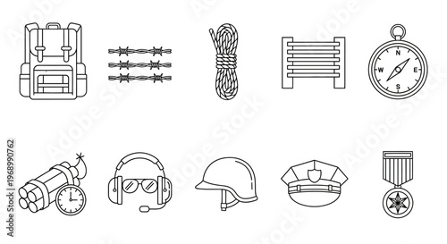 Military and survival equipment icons backpack, barbed wire, rope, barricade, compass, bomb, headset, helmet, cap, and medal