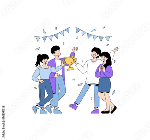 Group Celebration with Trophy Award Vector Illustration