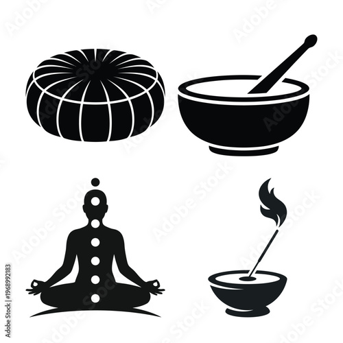 Yoga Meditation Icons Set, Wellness Symbols And Spiritual Practices