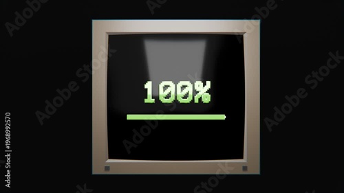 percentage loading bar on an old desktop screen monitor, black background. Loading, game loading screen