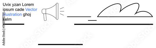 Advertising, communication, marketing strategy, sound design, message delivery, media promotions. A megaphone emits lines sound waves next to abstract cloud-thumbs up shapes. Advertising