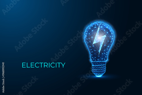 Electricity energy concept with lightning symbol inside glowing light bulb on dark blue background