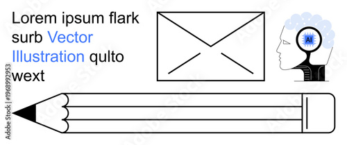 Communication, artificial intelligence, creativity, technology, design, education. A pencil, envelope icon and AI brain ion. Communication and artificial intelligence concept