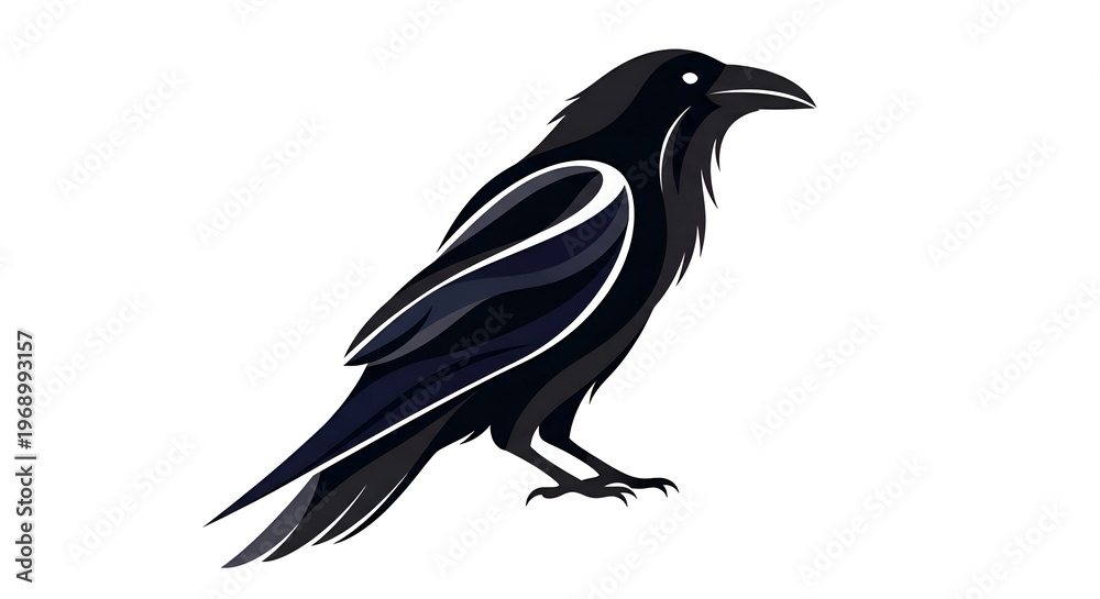 Fototapeta premium Black crow with white accents standing on a surface looking to the right