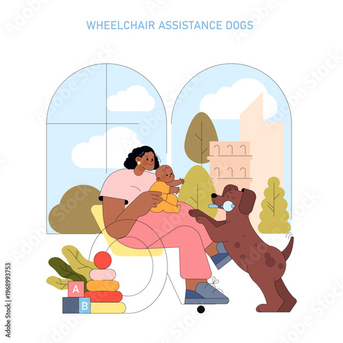 Assistance Dog and Family in Wheelchair Vector Illustration