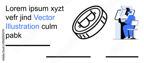 Digital finance, cryptocurrency trading, blockchain technology, fintech solutions, digital payment systems, online security. Bitcoin coin with person using computer. Digital finance