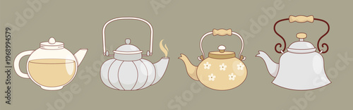 Cozy Artisan Teapots Set. Glass, Ceramic and Metal Kettle. Isolated Pottery and Kitchenware for Tea House Hand Drawn. Vector Illustration.