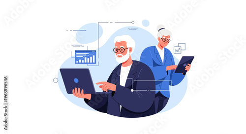 Senior digital nomads working with laptops and tablets, embracing technology for modern business