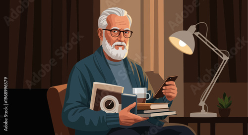 Elderly man with glasses and beard holding a phone and books in a warm, indoor setting