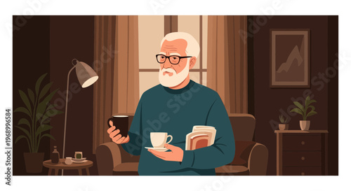Senior man with glasses holding coffee mug and reading material in cozy indoor setting