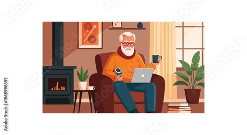 Elderly digital nomad enjoying coffee while working on a laptop in a cozy living room