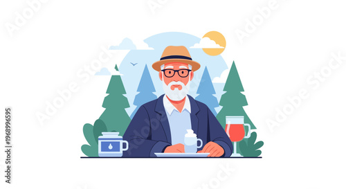 Elderly digital nomad man wearing a hat and glasses enjoying coffee outdoors with trees and sun
