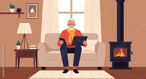 Senior digital nomad with laptop and tablet relaxing on a couch at home