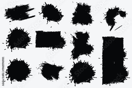 Abstract black ink splatter collection diverse shapes and textures for creative design elements