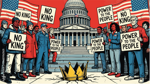 Illustration of a diverse group of people holding protest signs in front of the US Capitol building with American flags, conveying a sense of democracy and activism.