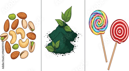 Hand Drawn Vector Illustration Set Featuring Assorted Healthy Nuts Matcha Green Tea Powder and Sweet Colorful Lollipops for Food Choice Nutrition and Lifestyle Concepts.