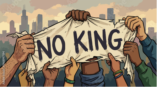 Diverse group of people holding up a torn 'NO KING' sign in protest against a city skyline with a cloudy sky.