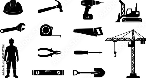 Black silhouette construction tools set including hammer, drill, helmet, crane, and worker elements. Ideal for building, engineering, and industrial concepts. Isolated on white background.