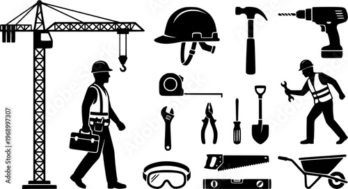Black silhouette construction tools set including hammer, drill, helmet, crane, and worker elements. Ideal for building, engineering, and industrial concepts. Isolated on white background.