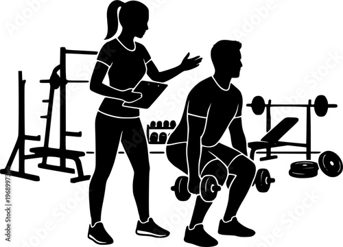 Black silhouette set of personal trainer with client, featuring gym coaching, workout assistance, and fitness training scenes. Ideal for sports, health, exercise, and wellness concepts. Isolated on wh