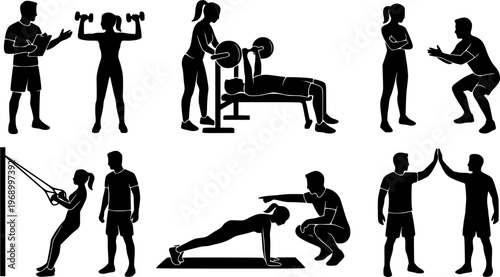 Black silhouette set of personal trainer with client, featuring gym coaching, workout assistance, and fitness training scenes. Ideal for sports, health, exercise, and wellness concepts. Isolated on wh
