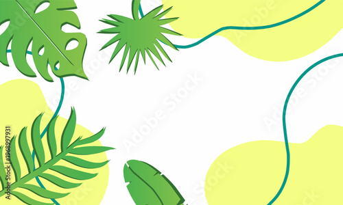 Abstract Tropical Leaf Vector Background with Organic Yellow Shapes and Teal Lines