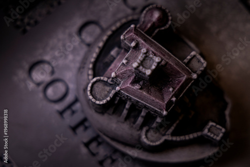 Miniature medieval castle model macro detail with shallow depth of field