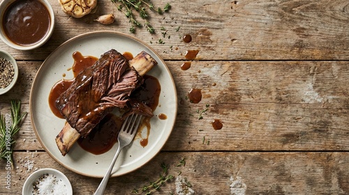 Slow Cooked Beef Short Rib with Thick Gravy and Roasted Garlic