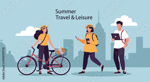 People enjoying summer travel and leisure activities in a modern city